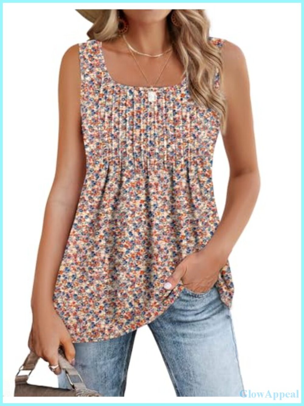 Women's Pleated Square Neck Flowy Tunic Tank Top Sleeveless Loose Fit